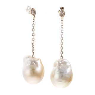 A Pair South Sea Pearl & Diamond Earrings in 14K