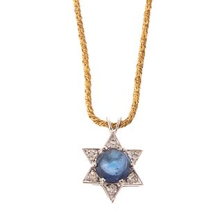 A Sapphire Star Pendant & Woven Chain in 14K