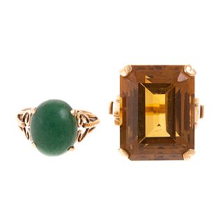 A Retro Citrine Cocktail Ring & Jade Ring in 14K