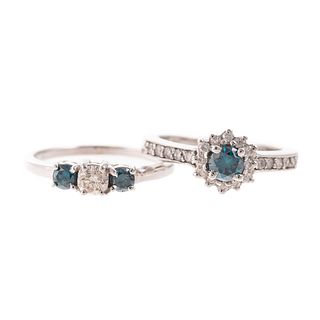A Pair of Blue Diamond Rings in 14K White Gold