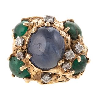 A Star Sapphire, Emerald & Diamond Ring in 14K