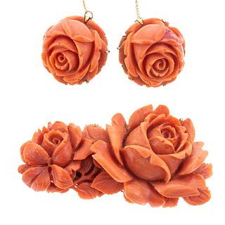 A Carved Coral Pin & Matching Earrings in 14K