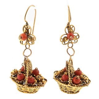 A Pair of 14K Coral Flower Basket Dangle Earrings