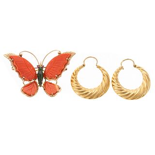 A Coral Butterfly Pin & 14K Hoop Earrings