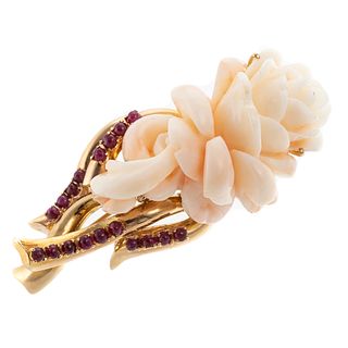 A Carved Angel Skin Coral & Ruby Floral Pin in 14K