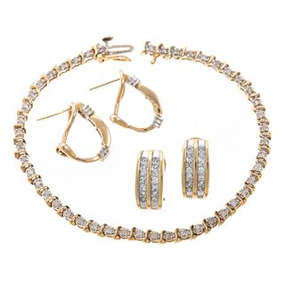 A Diamond Bracelet & 2 Pairs of Earrings in Gold