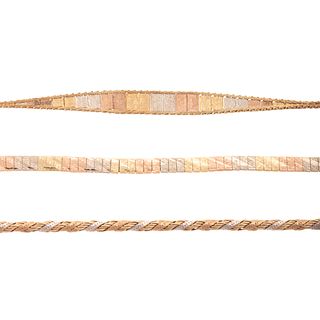 Three Italian Multi-Color Bracelets in 14K Gold