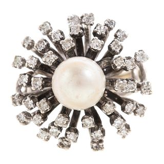 A Pearl and Diamond Cluster Ring in 14K
