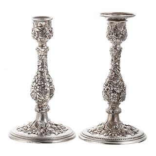 Pair Sterling Floral Repousse Candlesticks