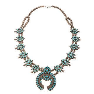 A Sterling Zuni Turquoise Squash Blossom Necklace