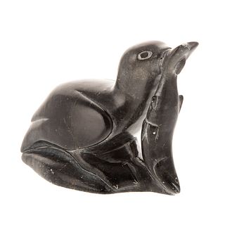 Inuit Carved Stone Figural Group: Bird with Salmon