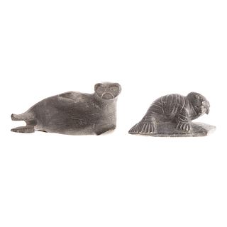 Two Inuit Carved Soapstone Walrus Figures