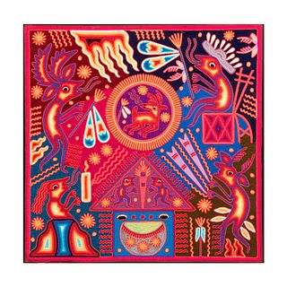 Textil de la leyenda del Hikuri. México Siglo XX. Estilo Wixarika. Hilos de colores sobre madera. 60 x 60 cm