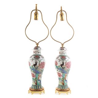 Pair Chinese Export Famille Rose Jar Lamps