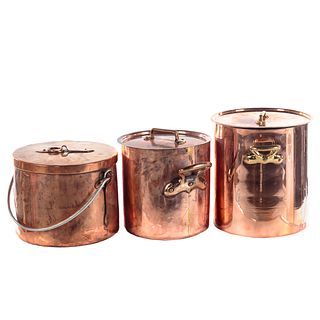 Three Large Copper Lidded Cooking Pots