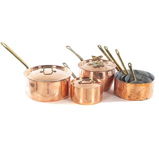 Seven Brass Handled Pieces of Copper Cookware
