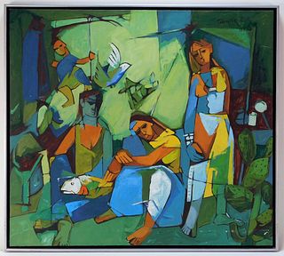 Ezra Talkar Israeli Cubist Modern O/C Painting