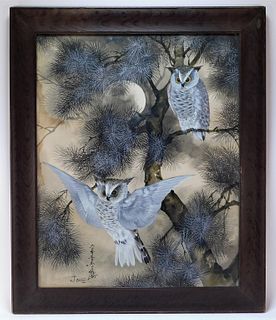 Toshio Aoki Japanese Nocturnal Moon Owl Painting