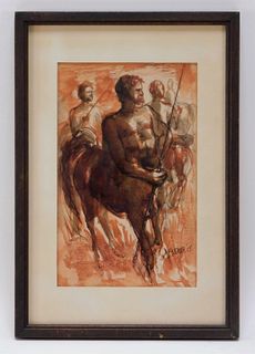 1915 Classical Watercolor Painting of Centaurs