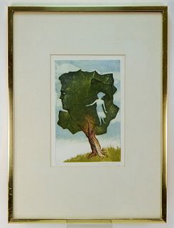 Hank Laventhol Surrealist Tree Colored Engraving
