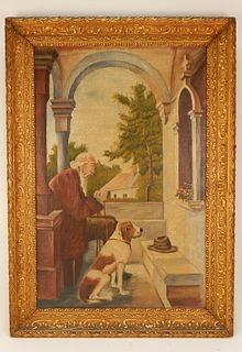 19C Victorian O/C Painting of a Praying Man & Dog