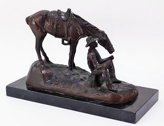 Signed J. Rafer? Bronze Horse Cowboy Sculpture