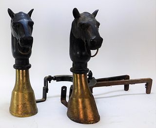 Cast Iron Horse Head Brass Hitching Post Andirons