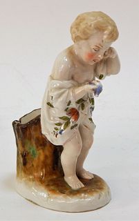 19C. German Young Boy Bird Porcelain Figuring