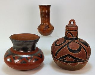 3PC Native American Incised Molded Pottery Vessels