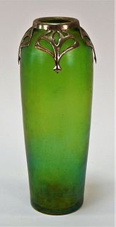 Czech Art Nouveau Silver Overlay Iridescent Vase