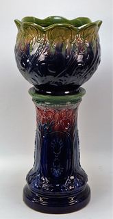 Majolica Art Pottery Iris Jardiniere & Pedestal