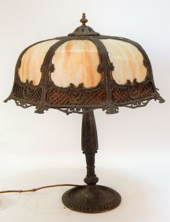 Art Nouveau 16 Panel Caramel & Red Slag Glass Lamp
