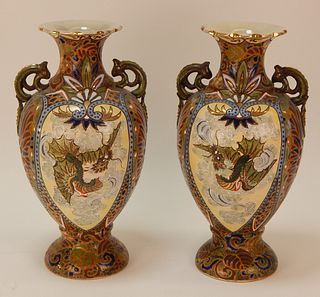 FINE PR Japanese Satsuma Art Deco Dragon Vases
