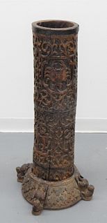 19C. Anglo-Indian Carved Wood Umbrella Cane Stand