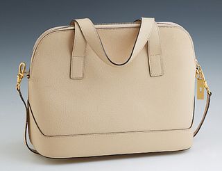 Celine Beige Leather Shoulder Bag, with gold tone zipper opening to a lined interior with dual side pouches, one open, one with a zi...
