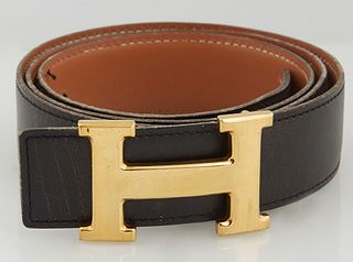 Hermes Constance Black Leather Belt, with gold-tone 'H' buckle and hook closure at front, L.- 41 1/2 in.