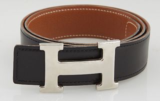 Hermes Constance Black Leather Belt, with silver-tone 'H' buckle and hook closure at front, L.- 31 1/4 in.