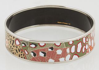 Hermes Wide Bangle Bracelet, with enamel cheetah print design, stamped "Hermes, Made in France + O" on the interior of the bangle, D...