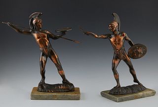 Pair of Copper Plated Spelter Classical Warriors, early 20th c., one with a spear and a shield, the other with a sword and a shield,...
