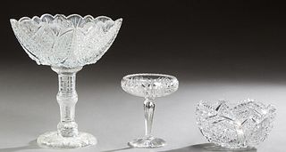 Group of Three Cut Crystal Pieces, 20th c., consisting of a large pitcher; a footed circular sweetmeats bowl, and a large footed squ...