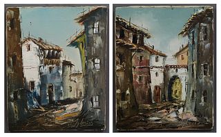 Caller Iglesias, "Continental Street Scenes," 20th c., pair of oils on canvas, signed lower right, unframed, H.- 16 in., W.- 13 in....