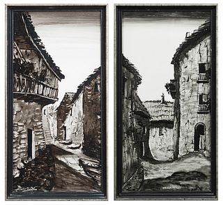 Monage (Spanish), "Basque Village," 20th c., pair of mixed media, signed lower left and lower center, presented in stepped silvered...