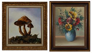 Vegh, "Still Life of Flowers in a Blue Vase, 20th c., oil on canvas, signed indistinctly lower left, presented in a polychromed wood...