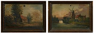 Dutch School, "Cottage," and "Windmill," 19th c., pair of oils on canvas, signed indistinctly lower right, presented in carved giltw...