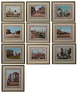 Group of Ten Color Prints of New Orleans Landmarks, 20th c., presented in bright gilt frames with marbled mats, Each- H.- 6 in., W.-...