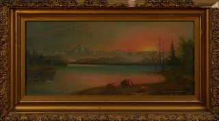 American School, "Sunset on the Lake," early 20th c., watercolor, presented in a period gilt and gesso frame, H.- 10 1/2 in., W.- 23...