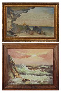 J. Parint, "Waves Crashing on the Shore," oil on panel, early 20th c., signed lower left, presented in an oak frame, H.- 7 5/8 in.,...