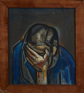 Cubist School, "Despair," 20th c., oil on masonite, presented in a birch frame, H.- 15 in., W.- 13 in. Provenance: from a collection...