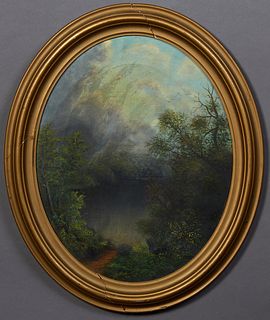 American School, "Wooded River Landscape," late 19th c., oval oil on canvas, presented in a stepped gilt frame, H.- 19 3/8 in., W.-...