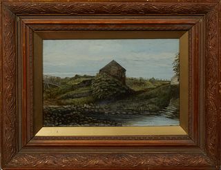 American School, "The Barn by the Stream," 19th c., oil on panel, signed indistinctly lower right, presented in a relief shadowbox f...